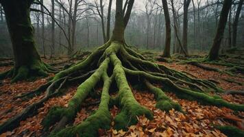 A close-up of moss-covered tree roots in a misty forest, surrounded by fallen leaves. photo