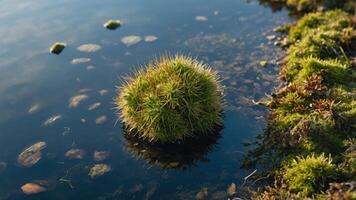 A close-up of a moss-covered sphere floating in calm water, surrounded by natural elements. photo