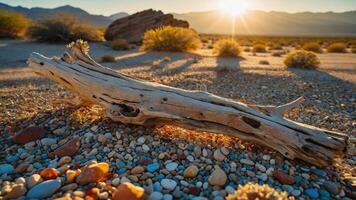 A serene desert landscape with a sun setting over a wooden log and pebbles. photo
