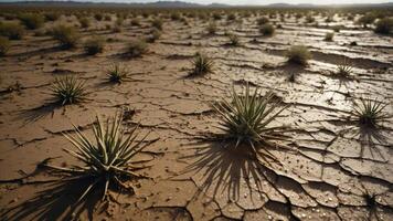 A dry landscape with sparse vegetation and cracked earth, showcasing arid conditions. photo