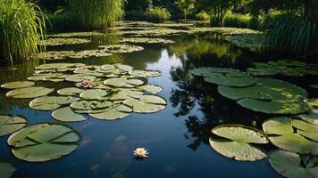 A serene pond with lily pads and flowers surrounded by lush greenery. photo