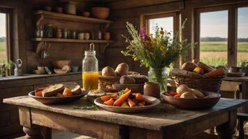 A rustic kitchen scene featuring plates of vegetables, bread, and flowers in a warm setting. photo