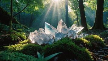 A cluster of clear crystals illuminated by sunlight in a lush forest setting. photo