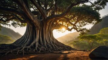A majestic tree with sprawling roots and branches, illuminated by sunlight in a serene landscape. photo