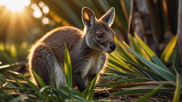 A kangaroo stands among green grass with sunlight filtering through trees. photo