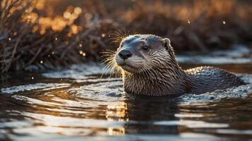 A playful otter swimming in a serene water setting during golden hour. photo