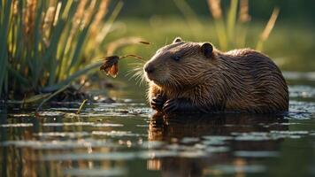 A beaver sits in a serene water setting, surrounded by reeds and reflecting sunlight. photo