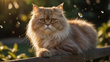 A fluffy cat rests on a fence, illuminated by soft sunlight, with droplets in the background. photo