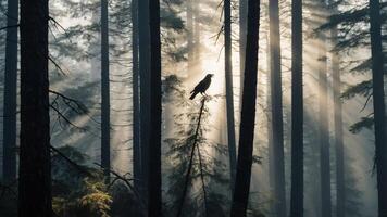 A silhouette of a bird perched in a misty forest with sunlight streaming through the trees. photo