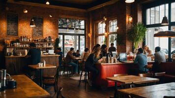 Cozy caf interior with patrons enjoying drinks and conversation in a lively atmosphere. photo
