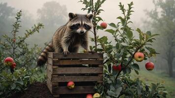 A raccoon perched on a wooden crate among apple trees in a misty orchard. photo