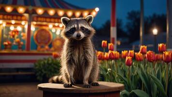 A raccoon sits on a wooden stump surrounded by tulips, with a carnival in the background. photo