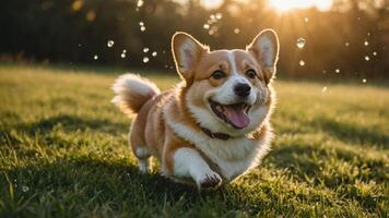 A playful corgi running in a grassy field with sunlight and water droplets. photo