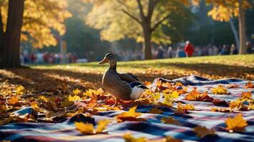 A duck resting on a picnic blanket surrounded by colorful autumn leaves in a park. photo