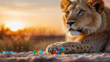 A lion rests on a sandy surface with colorful marbles scattered nearby, set against a sunset. photo