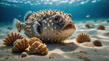 A close-up of a spiky fish surrounded by seashells on the ocean floor. photo