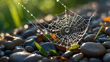 A close-up of a spider web adorned with dew drops, resting on smooth pebbles. photo