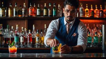 A bartender prepares a colorful cocktail at a bar with various spirits in the background. photo