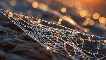 A close-up of a spider web adorned with dew drops, shimmering in the sunlight. photo