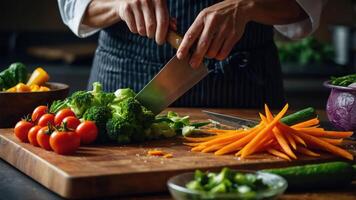 A chef chopping fresh vegetables on a wooden cutting board in a kitchen setting. photo