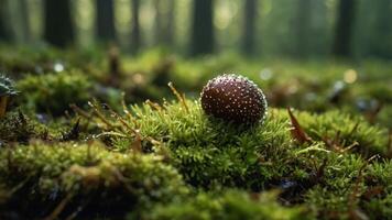 A close-up of a small mushroom on lush green moss in a forest setting. photo