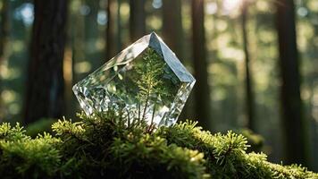 A crystal prism resting on moss in a serene forest setting, reflecting light. photo