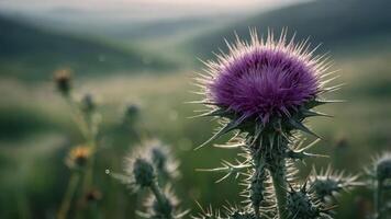 A close-up of a thistle flower with a blurred green landscape in the background. photo