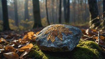 A stone with a leaf pattern rests on moss in a serene forest setting. photo