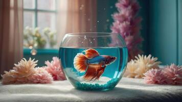 A colorful goldfish swims in a bowl surrounded by decorative flowers and a serene backdrop. photo