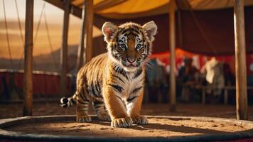 A young tiger stands on a platform inside a circus tent, showcasing its playful demeanor. photo
