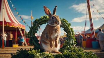 A rabbit sits in a leafy wreath at a vibrant circus, surrounded by colorful tents and people. photo