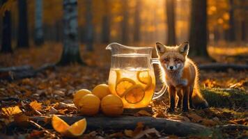A fox beside a pitcher of lemonade and oranges in a serene autumn forest setting. photo