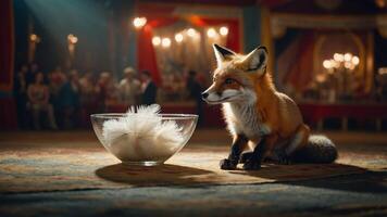 A fox sits beside a bowl of fluffy white material in a circus-like setting. photo