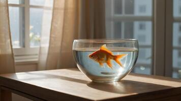 A goldfish swims in a clear bowl on a wooden table, illuminated by soft sunlight. photo