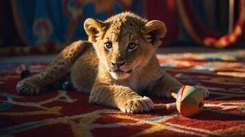 A playful lion cub rests on a colorful rug with a toy, capturing a moment of innocence. photo