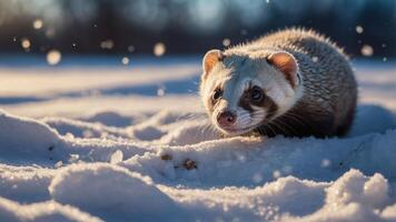 A close-up of a ferret-like animal exploring snowy terrain. photo