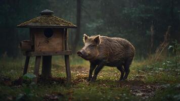 A wild boar stands near a rustic feeding station in a forest during rain. photo
