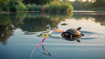 A turtle swims in a calm lake, pulling colorful ribbons behind it. photo