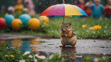 A chipmunk sheltered under a colorful umbrella in a rainy garden setting. photo
