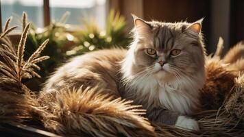 A fluffy cat lounging on a bed of dried grass with sunlight filtering through a window. photo
