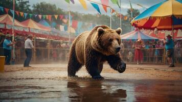 A bear running through a festival setting with colorful tents and spectators. photo