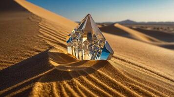 A crystal prism resting on golden desert sand, reflecting sunlight and creating patterns. photo