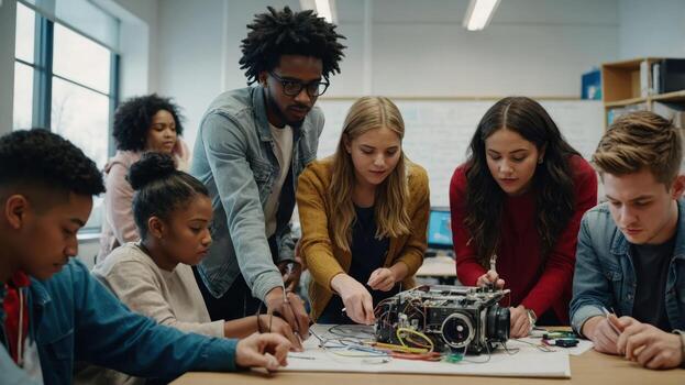 A group of students collaborating on a robotics project in a classroom setting. photo
