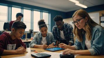 A group of students collaborating on a project in a classroom setting. photo