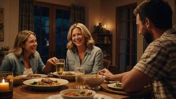 A joyful dinner gathering with friends, sharing laughter and food at a cozy table. photo