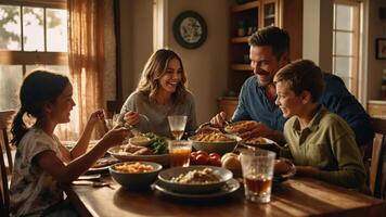 A joyful family dinner gathering around a table filled with food and drinks. photo