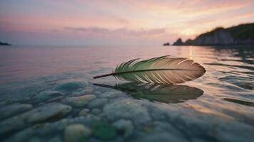 A feather floats on calm water, reflecting a serene sunset and surrounding nature. photo
