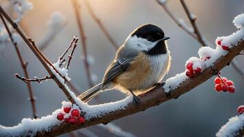 A small bird perched on a snow-covered branch with red berries, illuminated by soft light. photo