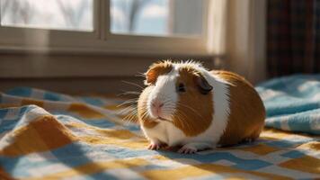 A guinea pig resting on a colorful blanket near a window, basking in natural light. photo