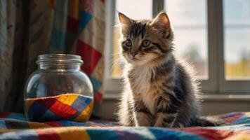 A fluffy kitten sits on a colorful quilt near a jar, illuminated by soft sunlight. photo